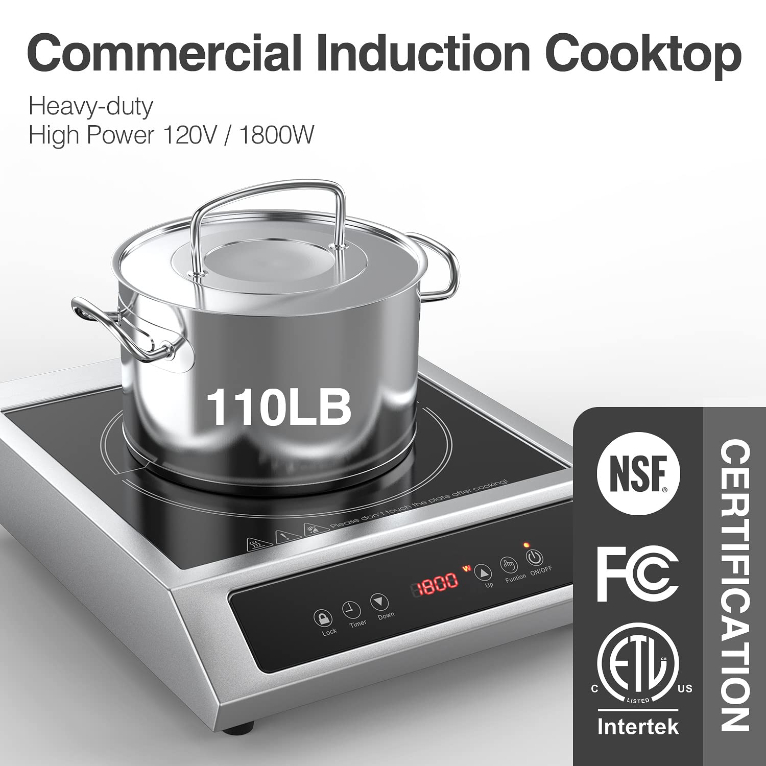 1800W Professional Commercial Induction Cooktop: 120V Stainless Steel Countertop Burner for RV, Small Restaurant, Catering Kitchen - Portable Hot Plate with 3-Hour Timer, Touch Panel