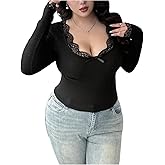 SOLY HUX Women's Plus Size Lace T Shirt Bow Scoop Neck Long Sleeve Ribbed Knit Fitted Tee Fall Going Out Tops