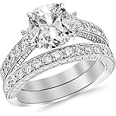 Houston Diamond District 1.53 Carat Three Stone Vintage w/Milgrain & Filigree Bridal Set w/Wedding Band & Cushion Cut Diamond Engagement Ring (F Color VS2 Clarity Center Stones)