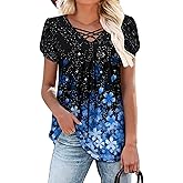 onlypuff Womens Tops Short Sleeve Shirts for Women V Neck Summer Tunic Tops Ladies Blouses Casual Loose Fit