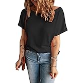 KINLONSAIR Womens Basic T Shirts Summer Tops 2026 Short Sleeve Casual Loose fit Waffle Tops Boat Neck Tee