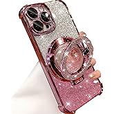 Changjia for iPhone 15 Pro Max Glitter Liquid Stand Case, Cute Luxury Bling Sparkle with Camera Protector Flowing Ring Kickstand Plating Bumper Shockproof Women Girls Case for iPhone 15 Pro Max, Pink