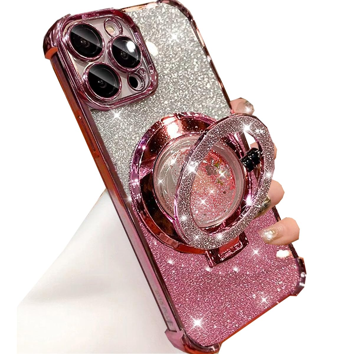 Photo 1 of Changjia Glitter Liquid Kickstand Case for iPhone 16 Pro Max,Cute Luxury Bling Sparkle with Camera Protector Flowing Ring Stand TPU Plating Shockproof Women Girls Case for iPhone 16 Pro Max 6.9", Pink