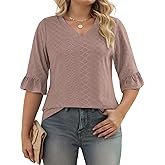 VISLILY Womens-Plus-Size-V-Neck-Tops Dressy 3/4 Length Ruffle Sleeve T Shirts Trendy Eyelet Blouses Casual Loose Tunics 1X-5X