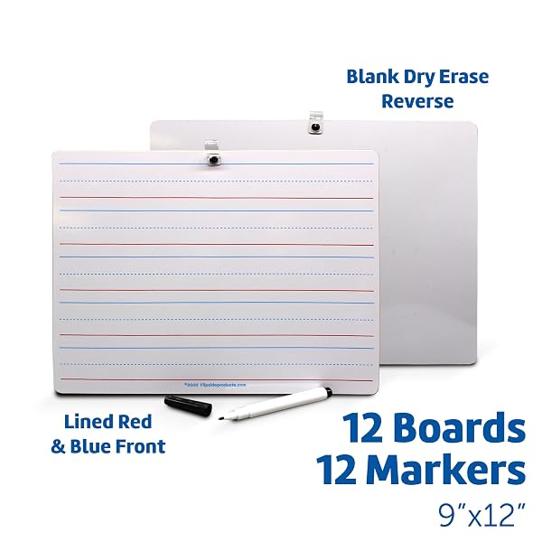 FLIPSIDE PRODUCTS 9″ X 12″ TWO SIDED DRY ERASE RED & BLUE RULED WITH ATTACHED MARKER, LEARN TO WRITE, LINED FOR WRITING PRACTICE, PACK OF 12