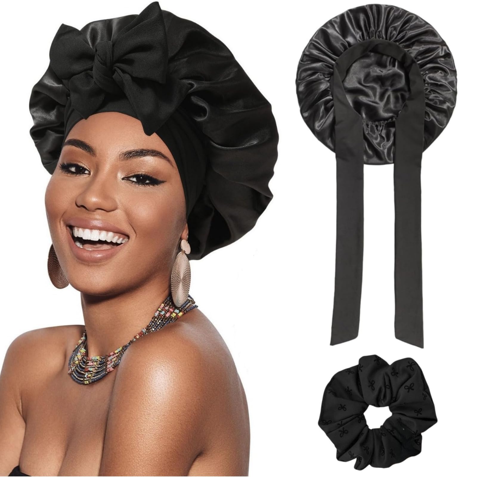 ANGELEMM Silk Hair Bonnet for Sleeping - Black Satin Bonnet for Curly Hair, Soft Breathable Satin Sleep 𝙎𝙞𝙡𝙠 𝘽𝙤𝙣𝙣𝙚𝙩 with Tie, Silk 𝙃𝙖𝙞𝙧 Wrap Caps for Women Sleeping
