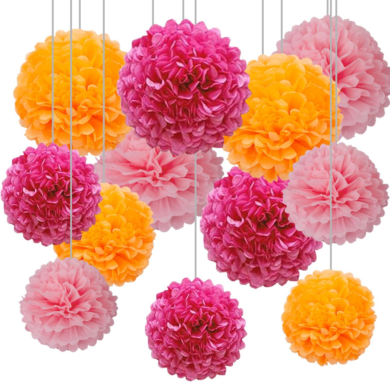 CC wonderland zone 12pcs Hot Pink,Light Pink and Orange Tissue Paper Pompoms,Hanging Paper Pom Poms for Pink Orange Party Decoration — image 1