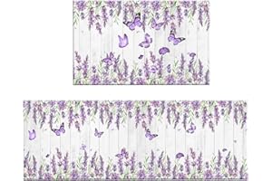 LB Purple Lavender Floral Kitchen Mats for Floor Cushions Anti Fatigue Kitchen Mat Retro Wood Grey Kitchen Rugs Sets of 2 Kit
