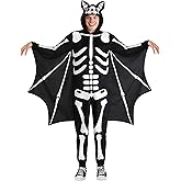 Adult Flying Skeleton Bat Costume with Hood and Wings | Halloween Jumpsuit for Men and Women | Animal Costumes