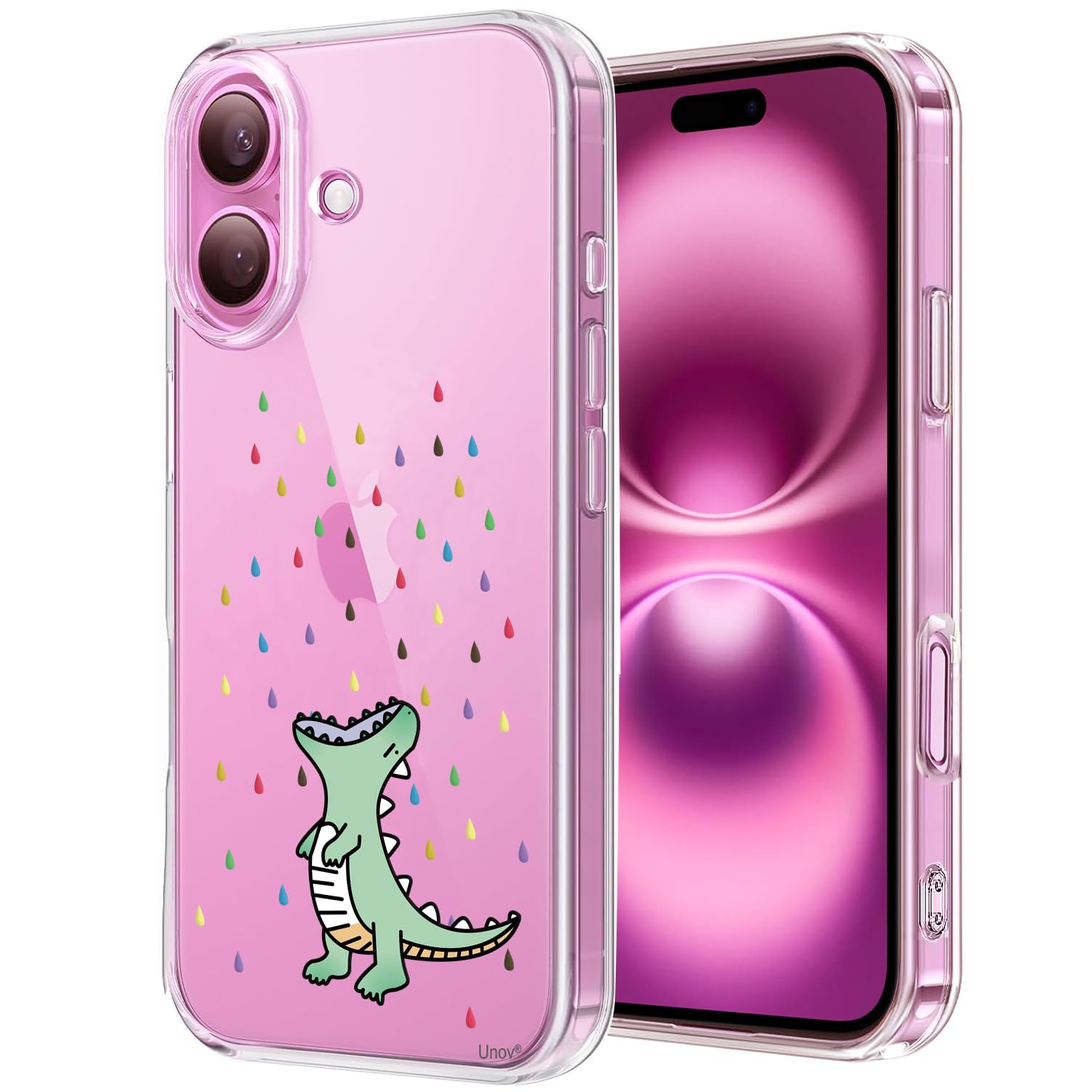 Unov Case Compatible with iPhone 16 Case Clear with Design Embossed Pattern Soft TPU Bumper Slim Protective 6.1 Inch (Rainbow Dinosaur)