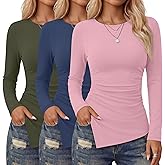 Velvelhall 3 Pack Long Sleeve Shirts for Women, Crew Neck Asymmetrical High Low Split Ruched Cute Y2K Going Out Workout Tops