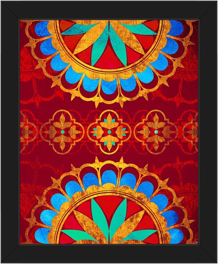 Vibrant Henna Mandala: Moroccan Graphic Painting Illustration in Yellow Blue Orange Green Red on Rust Wall Art Print on Canvas with Black Frame