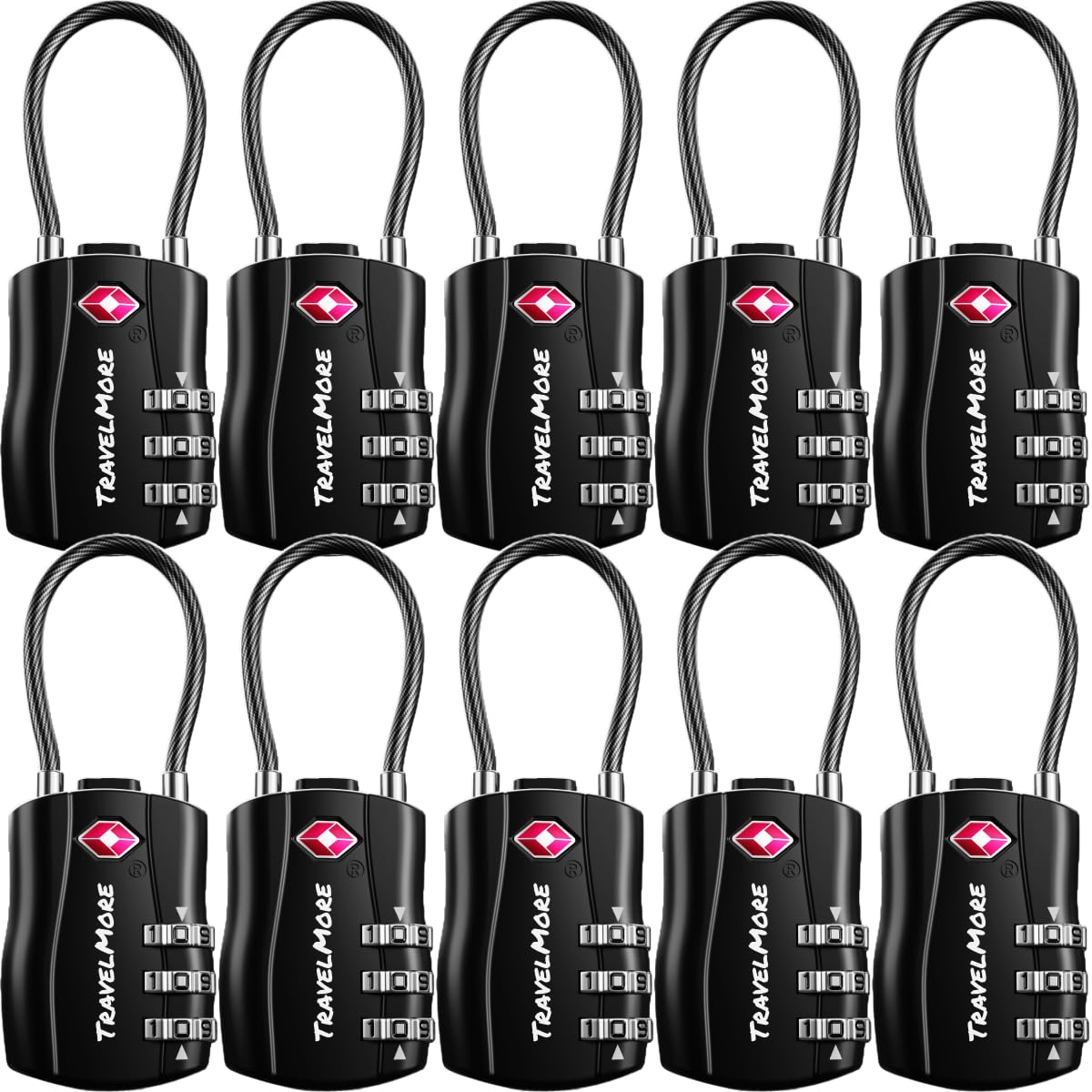 10-Pack TSA Approved Travel Combination Cable Luggage Locks for Suitcases & Backpacks | Luggage Locks | TSA Locks | Black