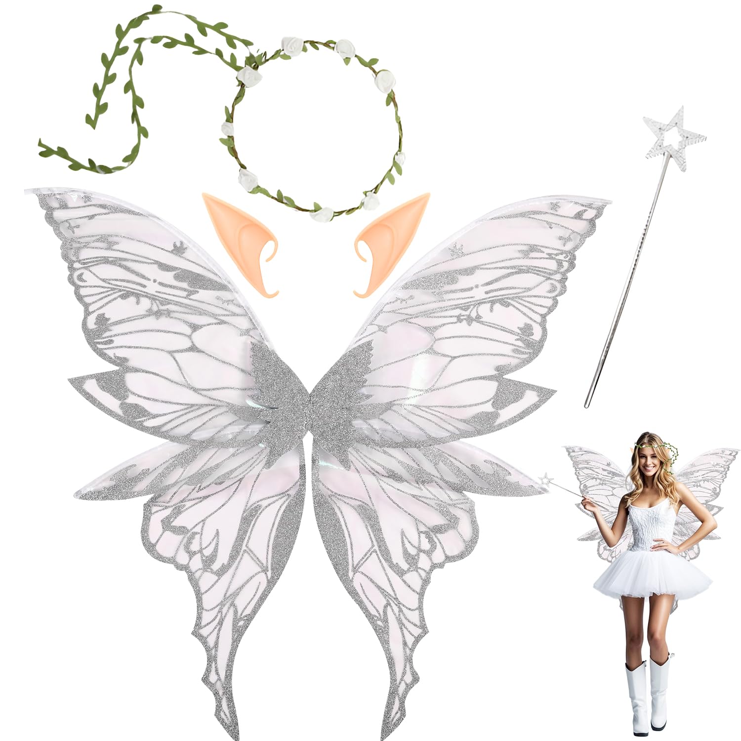 Pipihome Fairy Wings Adult, Fairy Costume Tinkerbell Wings for Adult Kids, Butterfly Wing Dress Up Sparkling Sheer Angel Costume with Elf Flower Headband for Halloween Party