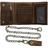 WBQMUNY Men's Tri-fold Vintage Biker Cowhide Top Grain Leather Steel Chain Wallet, Chain Wallets for Men Cow Leather Wallet, Snap Closure