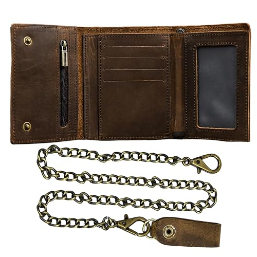 WBQMUNY Men's Tri-fold Vintage Biker Cowhide Top Grain Leather
