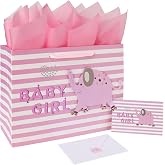 wishinside 13" Large Pink Gift Bag Set with Greeting Card and Tissue Paper(3D elephant) for Baby Girl,Baby Shower,Kids Birthday Party,Newborn,New Moms or Parents-13&rdquo; x 5.2&rdquo; x 10.2&rdquo;, 1 Pcs.