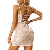 Allegra K Party Mini Dress for Women's Clubwear Lace-up Spaghetti Straps Bodycon Sparkly Glitter Sequin Dress