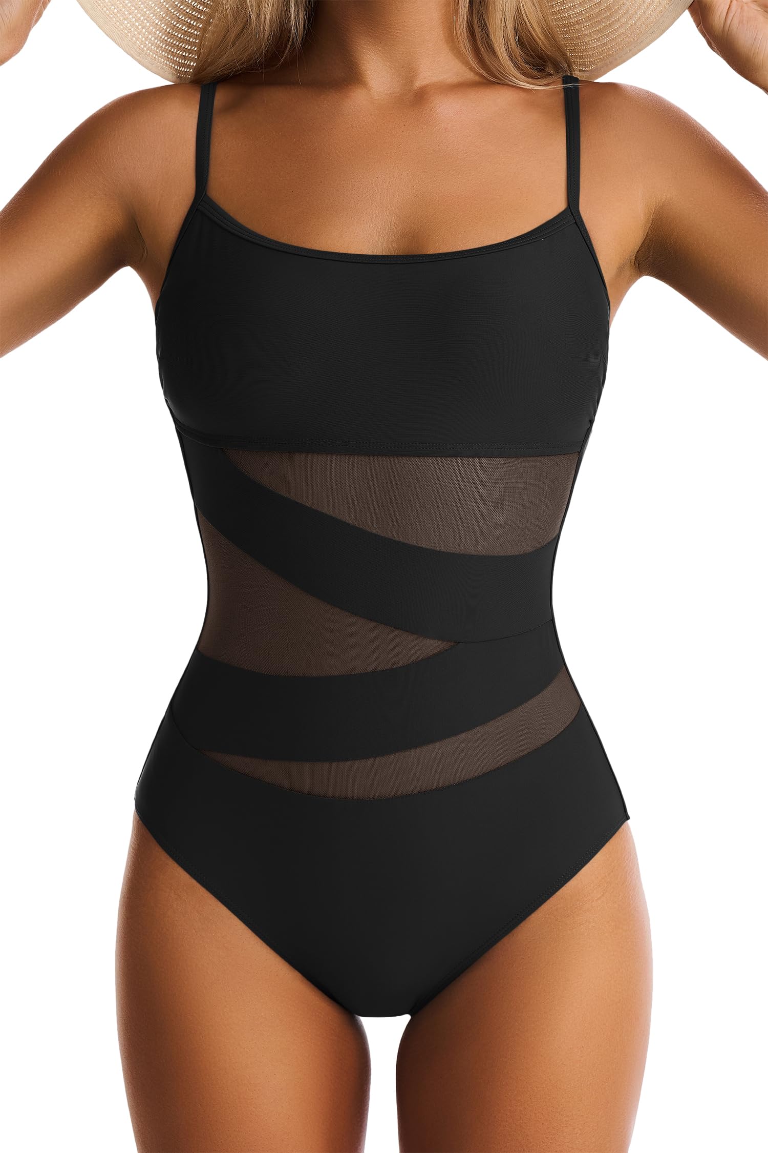Photo 1 of EVOCRCO Womens Mesh One Piece Swimsuit Tummy Control Bathing Suit Sexy Push Up Swim Suit Slimming Swimwear Black MED