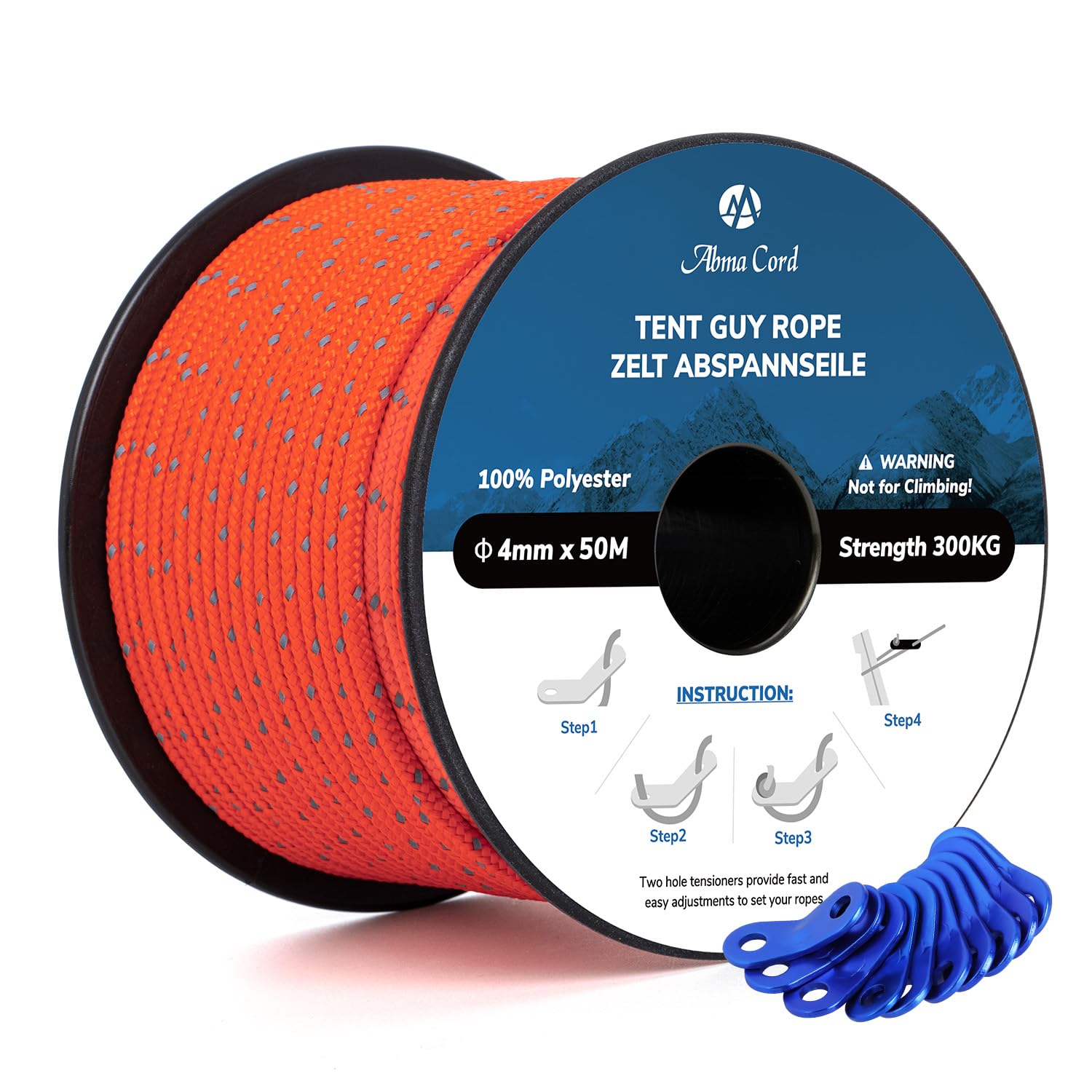 Abma Cord Tent Guy Ropes 4mm 50M Guy Line 10 Pcs Guy Rope Tensioners Heavy Duty Guide Rope for Camping, Gazebos, Awning, Tarp - Reflective Neon Orange