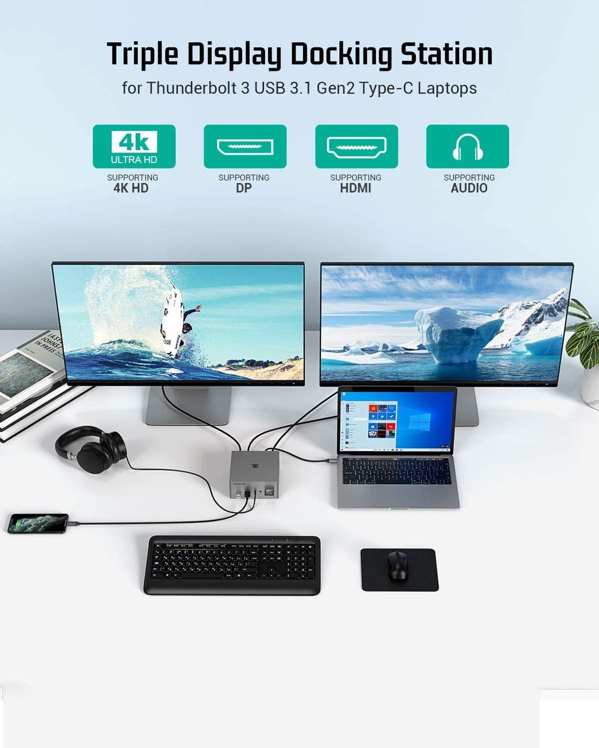 Tiergrade Laptop Docking Station, 16-in-1 Triple Display USB C Hub for Windows MacBook Thunderbolt 3 Systems (HDMI/DP/VGA/SD TF Card Reader/2USB-C/Gigabit Ethernet/Audio/Mic/5USB/60W PD Charging): Computers & Accessories