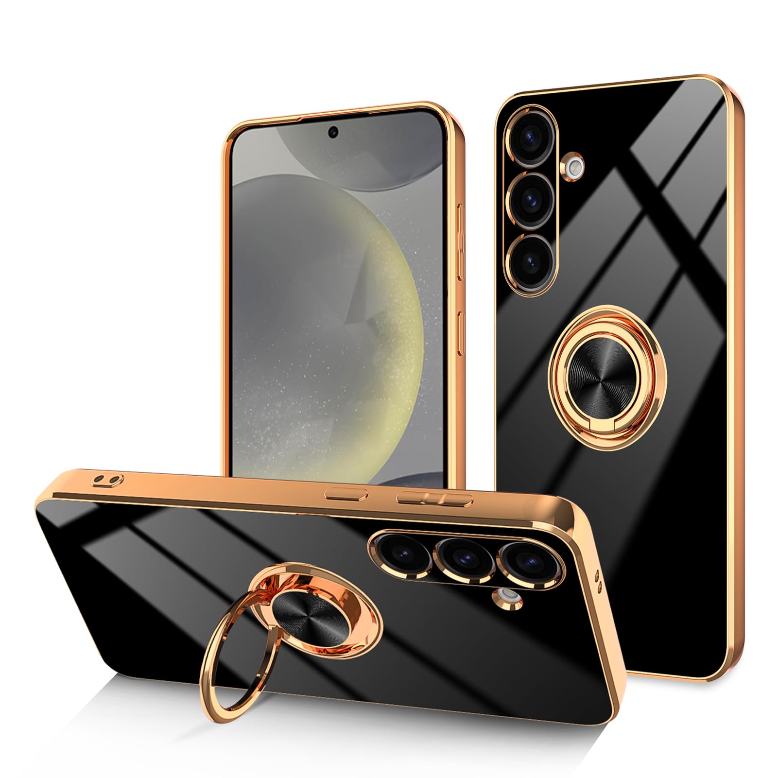 Dinick Black for Samsung Galaxy S24+ Case with Ring Holder Kickstand [with Magnetic] Soft TPU Bumper, Glitter Gold Electroplated Cover Slim Thin Protective Phone Case for Galaxy S24 Plus