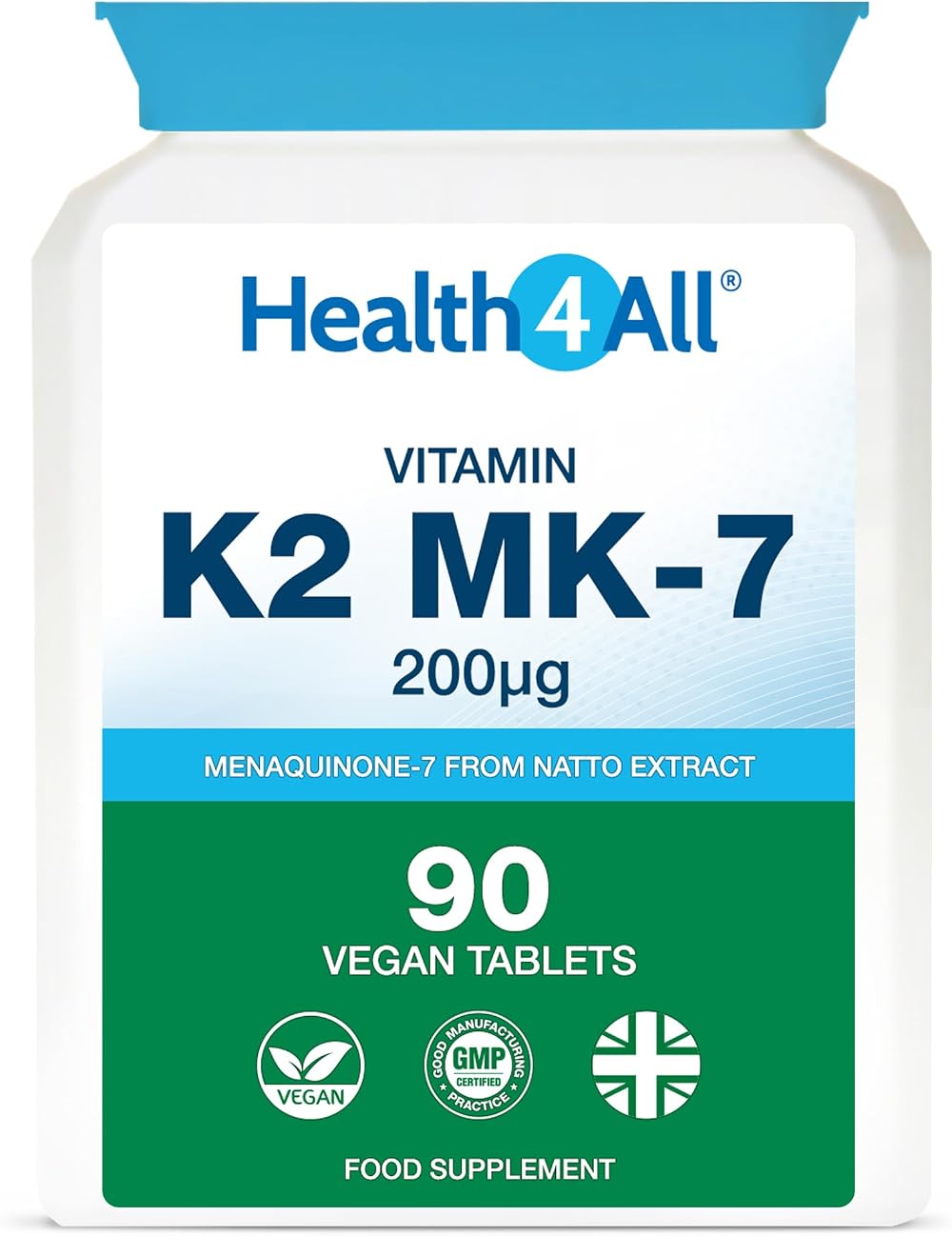 Health4All Vitamin K2 MK7 200mcg 90 Tablets UK Made Natto Vegan