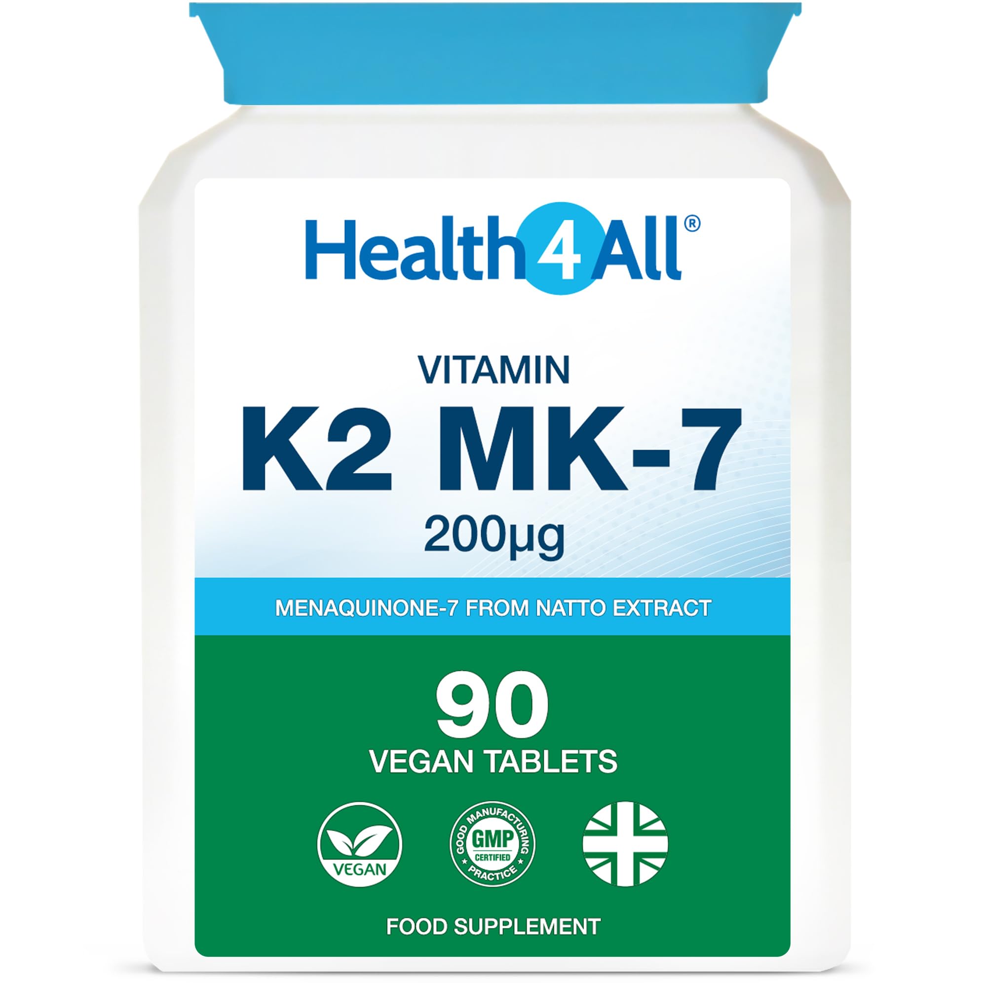 Health4All Natural Vitamin K2 MK7 200mcg from Natto, 90 Tablets 3 Months Supply, All-Trans MK-7 from Beans Fermentation, High Strength VitK2 Vitamin Supplement, Vegan Menaquinone | Made in UK