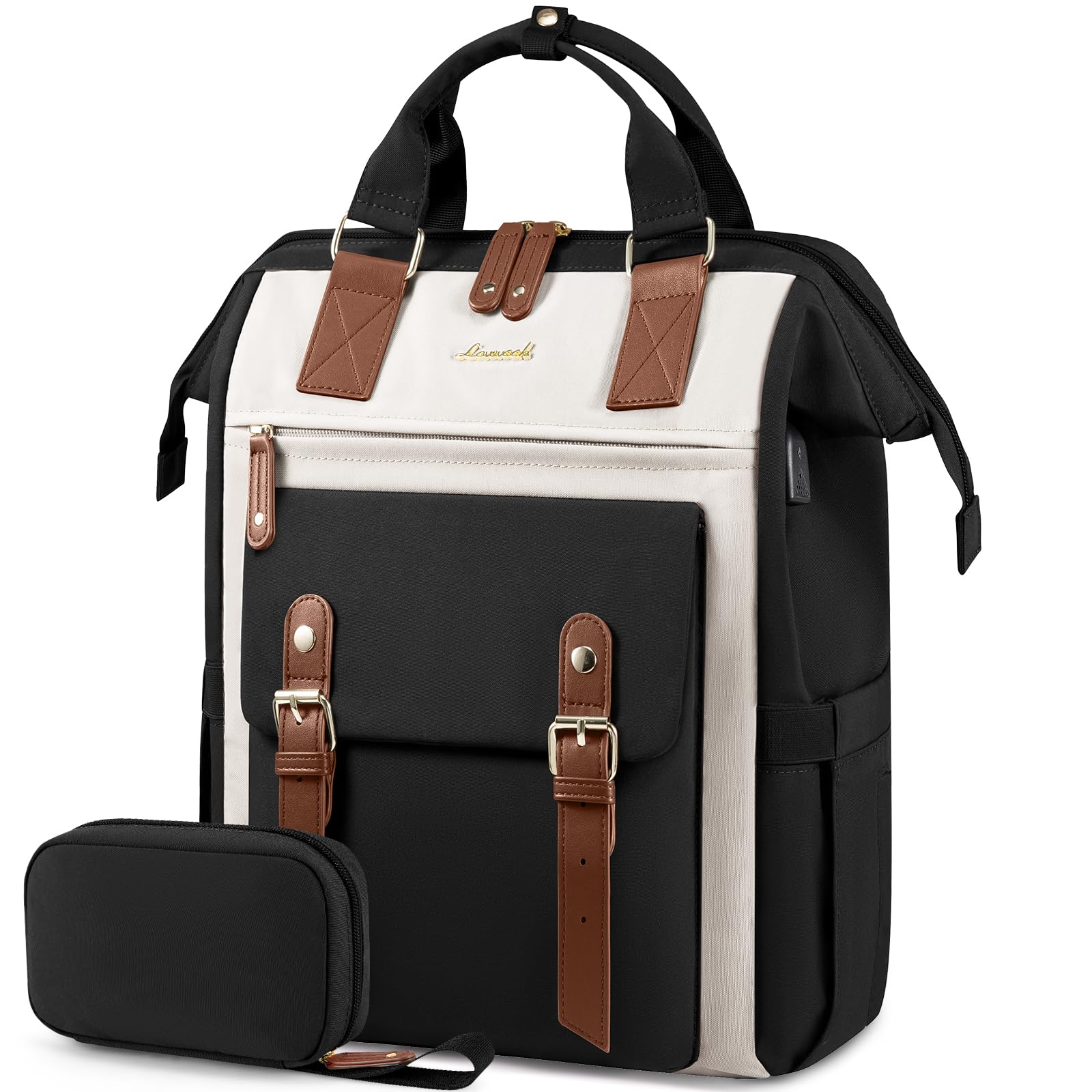 Photo 1 of LOVEVOOK 17 Inch Laptop Backpack For Women Work Large Travel Backpack Purse, Nurse Bag College Backpack, Teacher Doctor Business Laptop Bag, Waterproof Wide Open Computer Back pack, Black-Beige-Brown