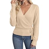 EVALESS Sweaters for Women Long Sleeve V Neck Wrap Style Pullover Tops | Side Tie Accents, Ribbed High Stretch Knit, Fall Outfits 2026, Winter Clothing, Womens Fashion, Sweater