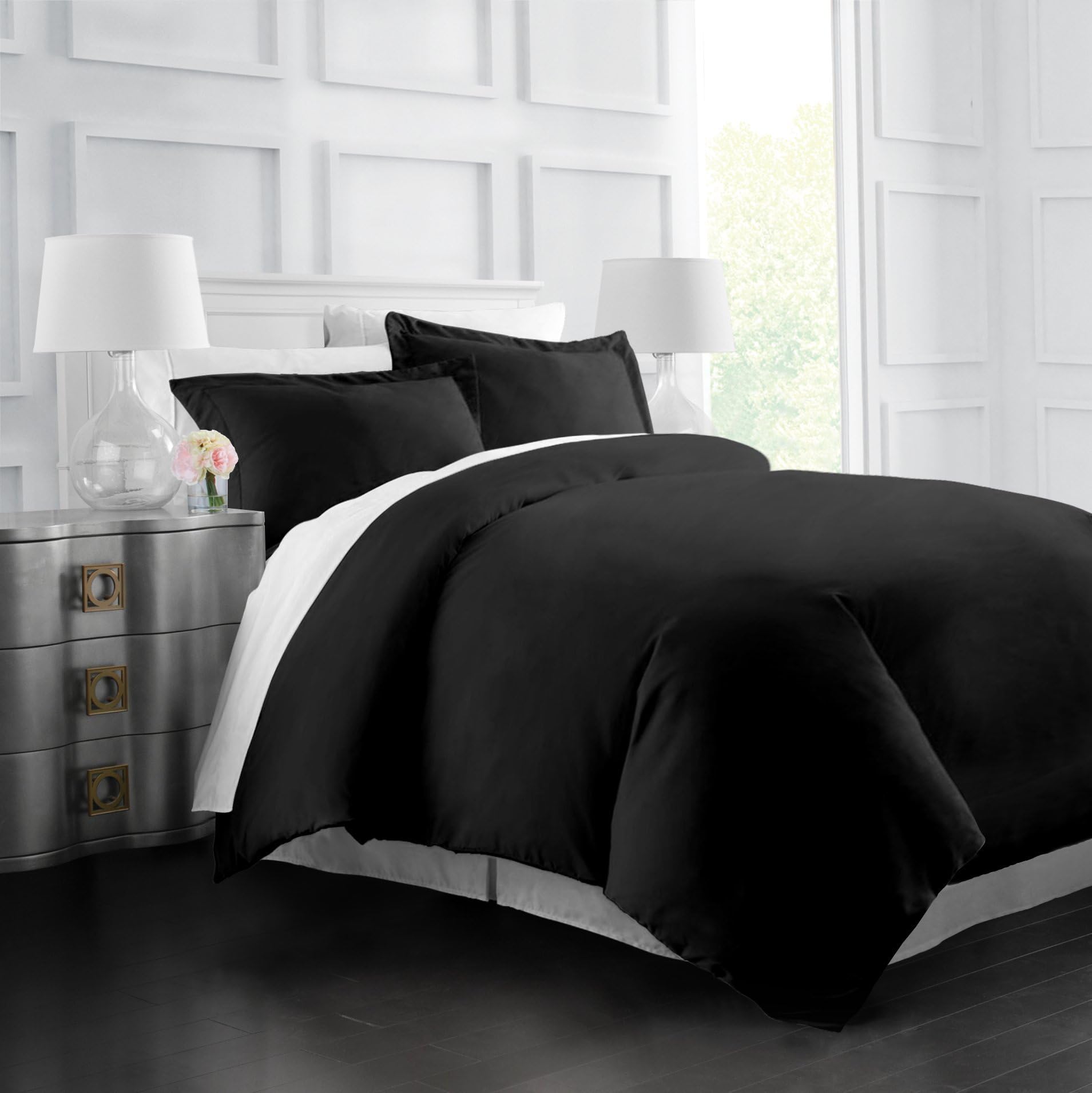 Italian Luxury Soft Brushed 1500 Series Microfiber Duvet Cover Set, Hotel Quality and Hypoallergenic with Zippered Closure and Matching Shams - King/California King - Black