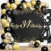 Happy 34th Birthday Balloons Black Set Decor - Cheers to 34 Years Old Party Theme Garland Banner Backdrop Decorations For Women and Men Supplies