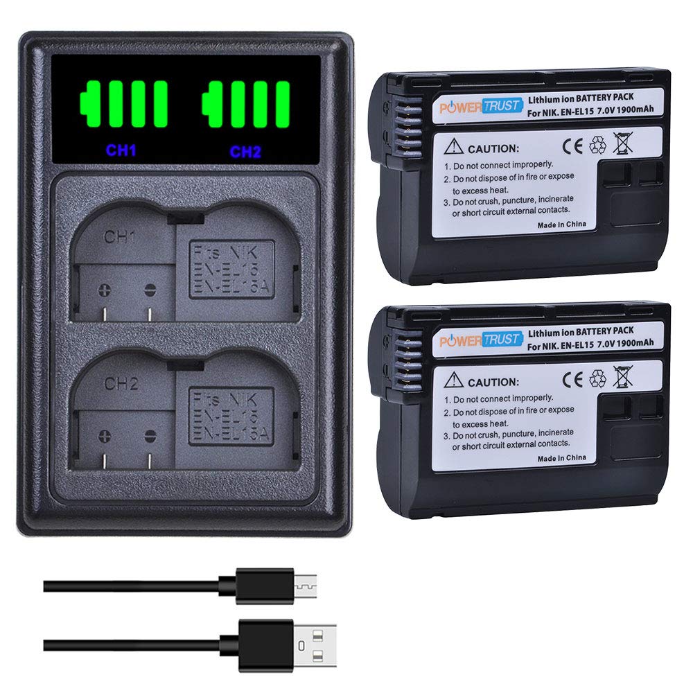 PowerTrust 2Pcs 1900mAh EN-EL15 Battery + LED Dual Charger with USB and type-C port for Nikon D600, D610, D600E, D800, D800E, D810, D7000, D7100, D 750, V1 Camera