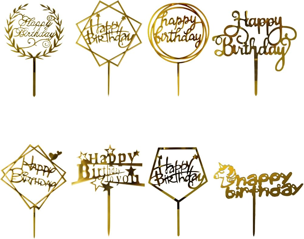 OWill 8 Pcs Happy Birthday Cake Toppers Gold Acrylic Double-Sided
