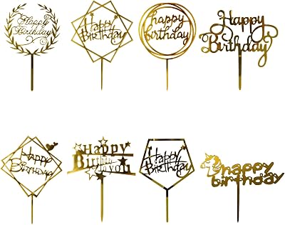 OWill 8 Pcs Happy Birthday Cake Toppers Gold Acrylic Double-Sided
