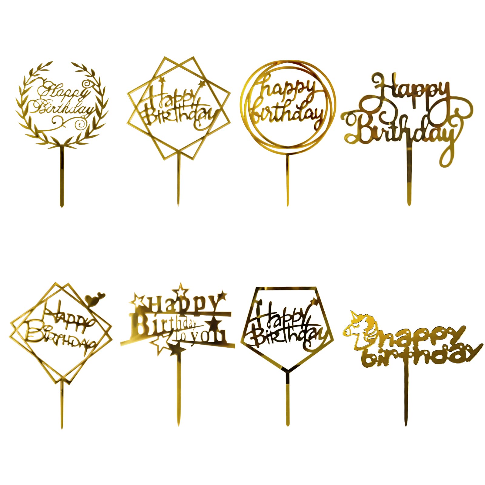 OWill 8 Pcs Happy Birthday Cake Toppers Acrylic Cake Toppers Cake Decoration Party Supplies for Children or Adults Various Cupcake Topper (Gold)