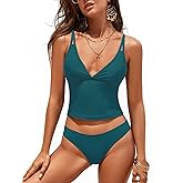 ZAFUL Tankini Swimsuits for Women V Neck Dual Straps Cropped Bikini Swimsuit High Cut 2 Pieces Bathing Suit