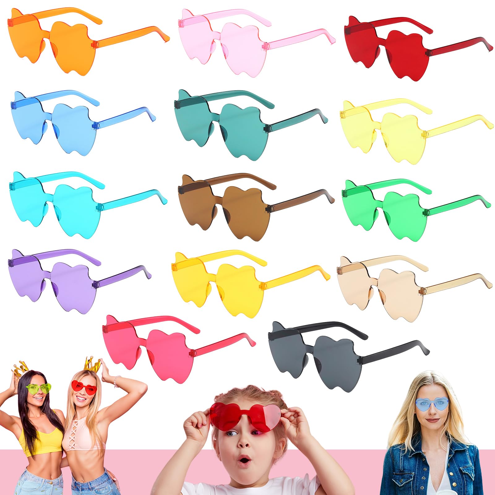 YAAVAAW 14Pcs Frameless Apple Shaped Sunglasses Party Glasses, Festival Glasses Funky Hippie Colored Rimless Bulk for Kids Adults Bachelorette Fancy Dress Costume Photo Props Eyewear