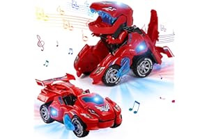 Refasy Electric Automatic Dinosaur Transforming Car with Flashing Lights and Music, 2 in 1 Deformation Dinosaur Toys Car Birt