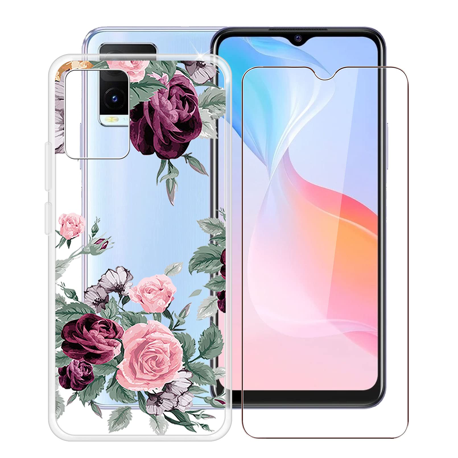 HHUAN YQ121 Phone Case for Vivo Y21 2021/V2111 with 1 Piece Tempered Glass Phone Screen Protector, Transparent Soft TPU Protective Shockproof Silicone Case for Vivo Y21 2021/V21111 (6.51 Inch)