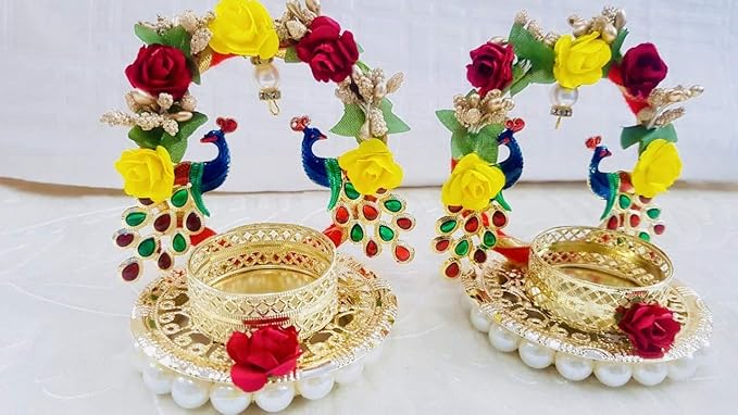 Diwali Diya/Candle Holder/Fancy Metal Peacock Diya Holder/Tea Light Candle Holder/Decorative Diya/Multicolour/Set of 2 /Navratri/Diwali/Puja
