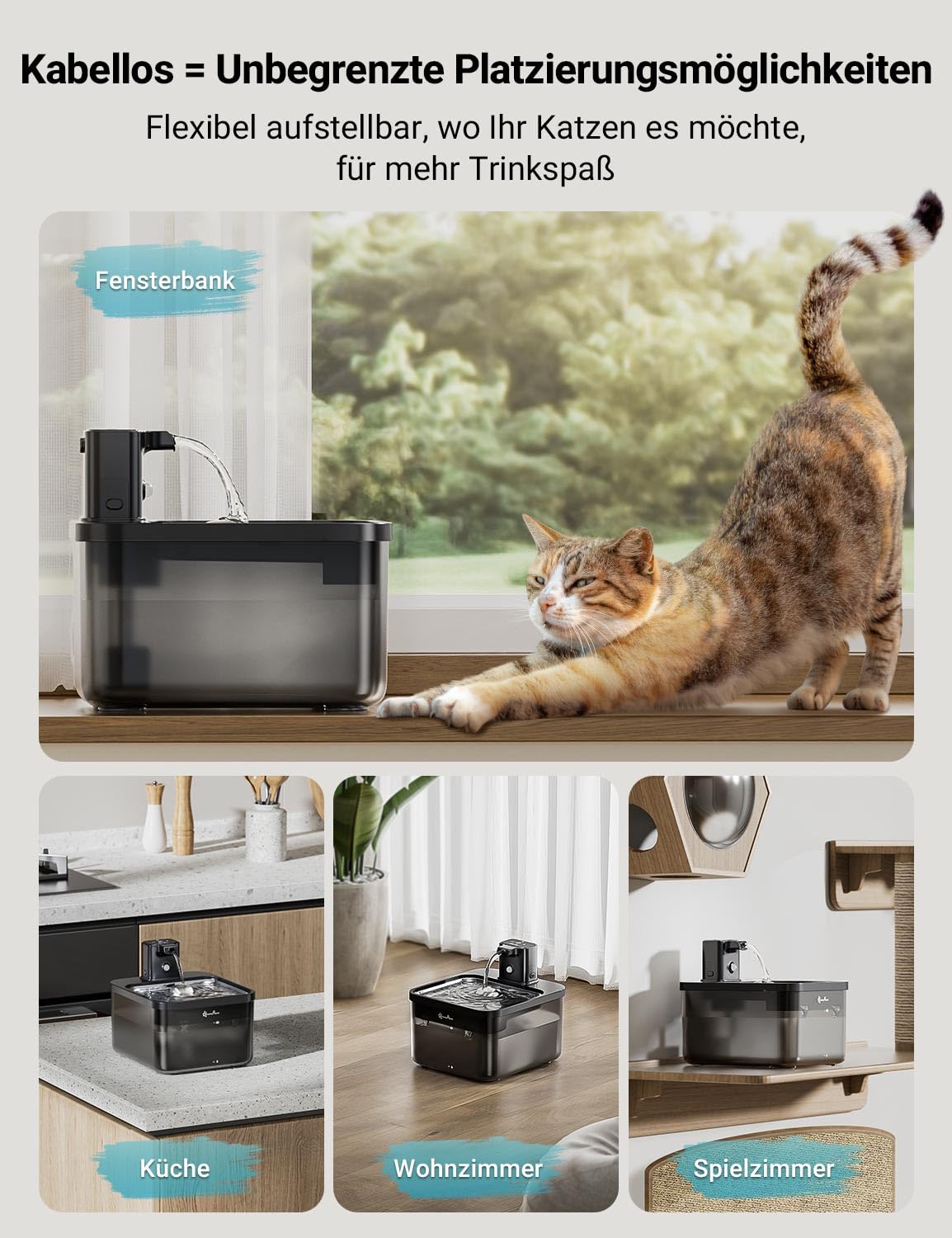DownyPaws 2.5L Trinkbrunnen für Katze Kabellos, Katzenbrunnen Kabellos mit Bewegungsmelder, Batteriebetrieben Katzentrinkbrunnen, 4000mAh, Leise Wasserpumpe, Tablett aus Edelstahl für Katze, Schwarz 3