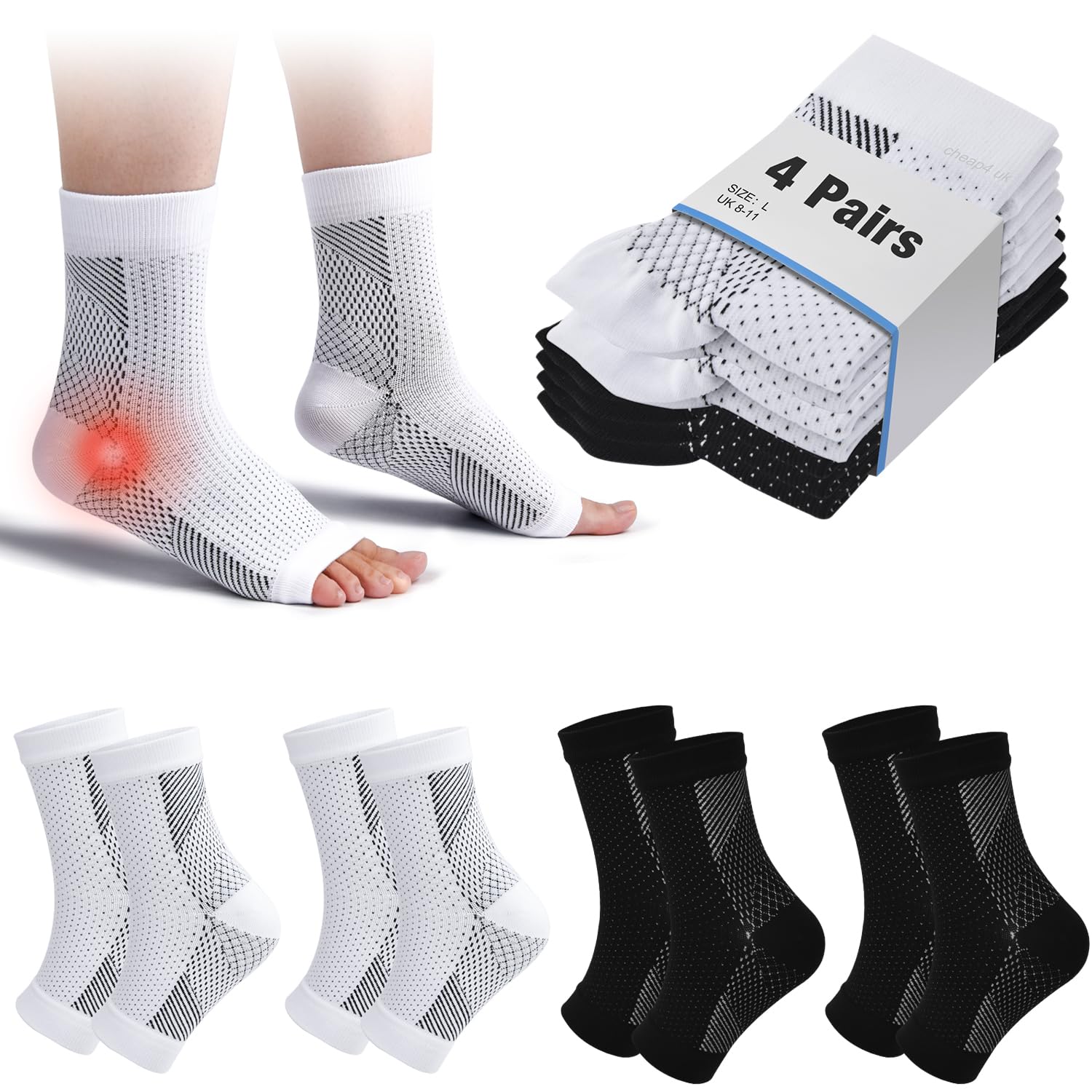 cheap4uk 4 Pairs Neuropathy Socks Compression Socks for Women & Men Plantar Fasciitis Socks Ankle Support Brace for Sprained Ankle Breathable Anti-Slip Soothe Socks for Pain Relief(White+Black,8-11)