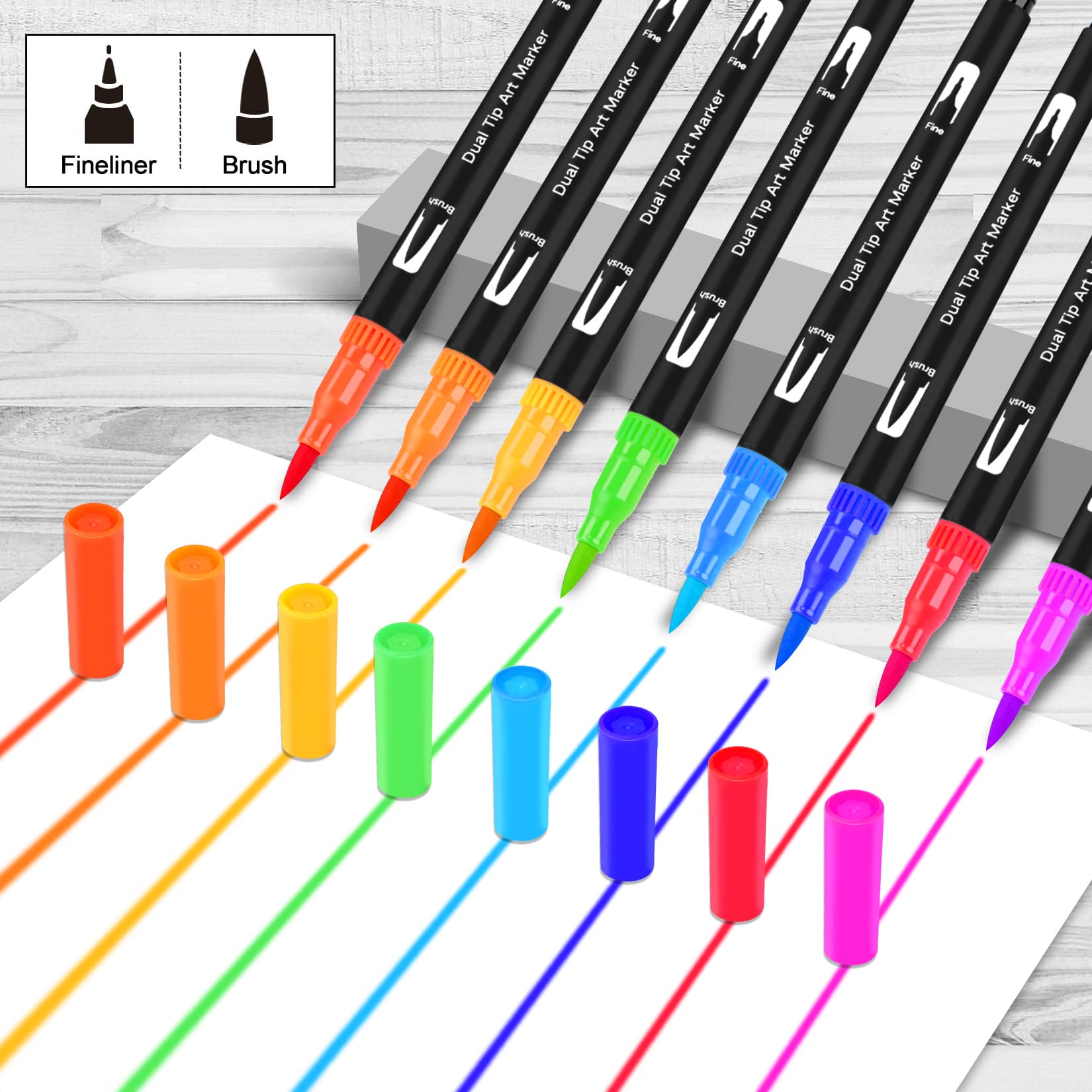 Dual Brush Pen Set, 24 Farben, Pinselstifte, Filzstifte für Kinder Bullet Journal Handlettering Aquarell Mandala Kalligraphie Manga Erwachsene Doppelfasermaler Fasermaler[1-2 mm] und Fineliner[0,4 mm] 3