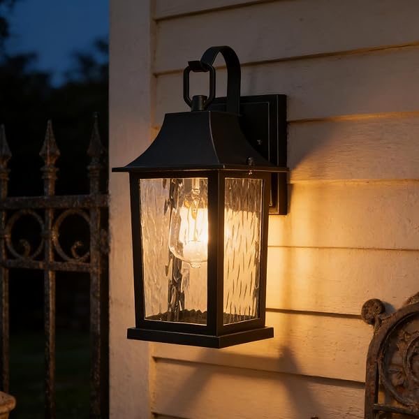 JAFINOU 2-PACK 13” MATTE BLACK OUTDOOR WALL SCONCE, RUSTPROOF ALUMINUM PORCH LIGHT WITH WATER PATTERN GLASS, EXTERIOR LIGHTING FOR PATIO HOUSE GARAGE