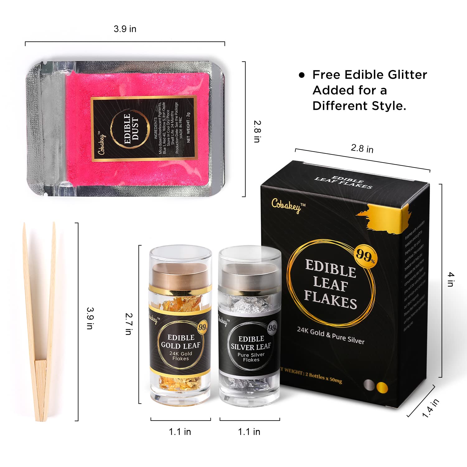 Cobakey 24K Edible Gold and Silver Leaf Flakes for Food Decoration (Cake, Chocolate, Steak, Drink & Cooking) and Spa, 50mg Edible Gold Leaf and 50mg Edible Silver Leaf with Edible Glitter & Tweezers