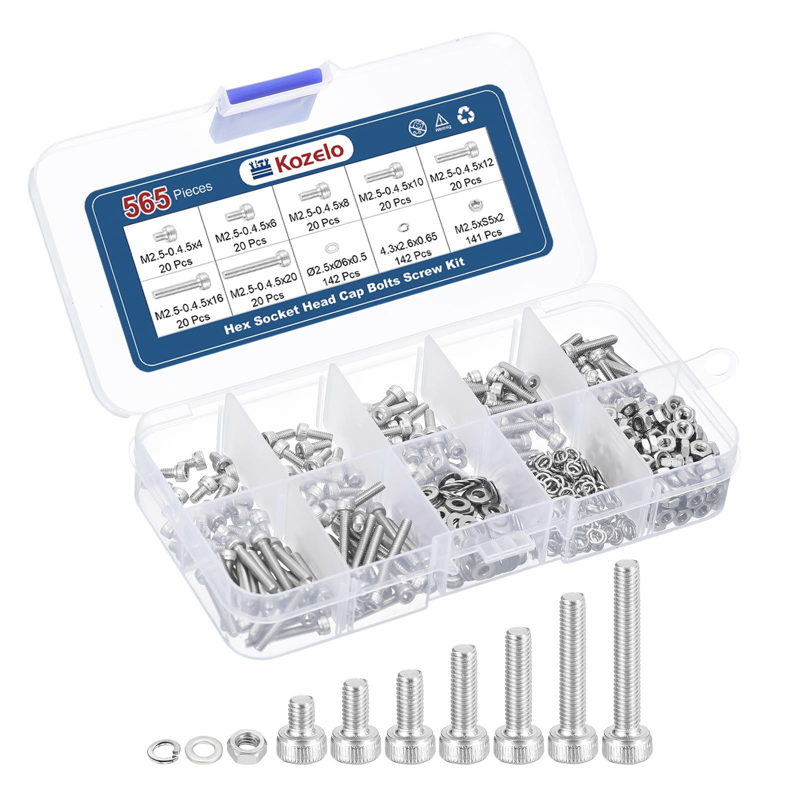 Kozelo 565pcs M2.5 Socket Head Cap Screws Bolts Nuts Assortment Kit - [M2.5x4/6/8/10/12/16/20mm] 304 Stainless Steel Allen Socket Drive for 3D Printer
