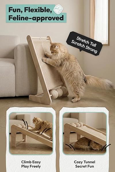 POMESEA CAT SCRATCHER FOR INDOOR CATS, L-SHAPED CAT SCRATCHING BOARD & RAMP, SOLID WOOD CAT SCRATCH PAD, WITH HANGING BALL & 3 BOTTOM PLAY BALLS, IDEAL FOR ALL CATS (WOOD GRAIN, L)