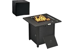 Outsunny Square 28" Rattan-Style Propane Fire Pit Table with 40,000 BTU Burner, Smokeless Gas Firepit with Thermocouple, Lava