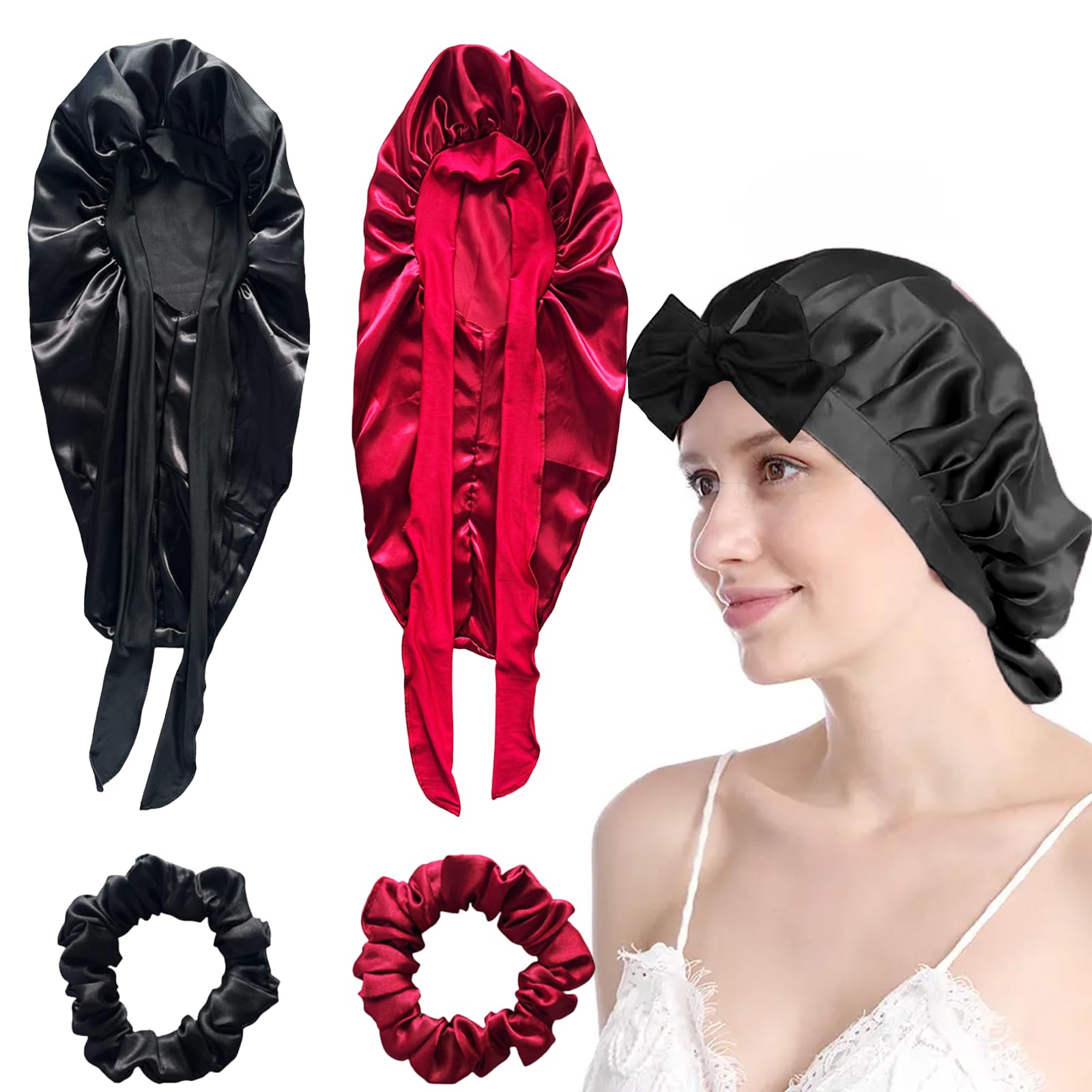 Asheyya 4PCS Silk Bonnet for Sleeping Long Hair, Large Satin Hair Wrap with Wide Elastic Band